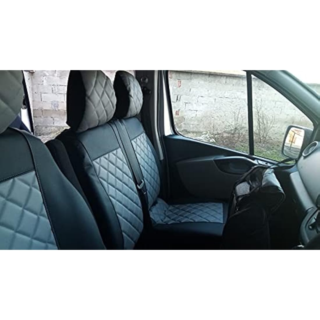 Front Seat Covers 2+1 Designed to fit Renault Trafic, Vauxhall Vivaro after 2015 Right Hand Drive BLACK-GRAY ECO LEATHER