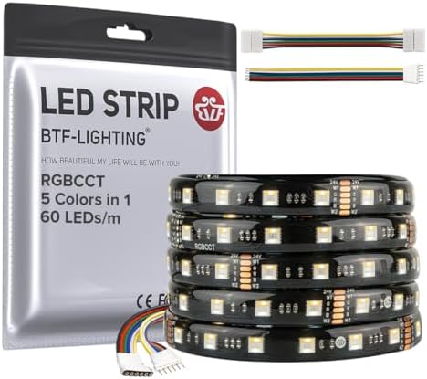 BTF-LIGHTING RGBCCT 5 Colors in 1 5050SMD LED Strip DC24V 5M 60LEDs/m 300LEDs RGB+Warm White+Cold White Black PCB IP65 Waterproof for Room Kitchen Decoration(Controller and Power Supply Not Included)