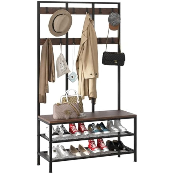 Dripex Large Coat Rack Stand Industrial Coat Stand with Hooks and Shoe Bench Clothes Hat Rack Shelf Metal Frame for Bedroom Living Room Hallway (with 12 Hooks)