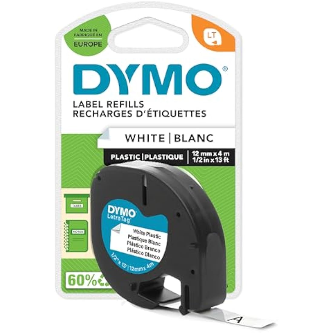 DYMO Branded LetraTag Plastic Labels | 12 mm x 4 m Roll | Black Print on White Labels | Multipurpose, Self-Adhesive Labels for LetraTag Label Makers | 1 Count