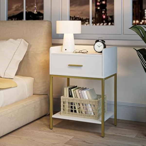 HEYZOEY Bedside Table, 3-Tier Bedside Cabinet with Storage Drawer and Open Shelf, Small End Side Table with Gold Legs for Bedroom, Living Room, White