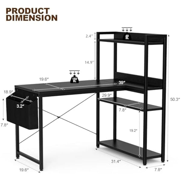 Grandder 120x80 cm L Shaped Gaming Desk with Reversible Storage Shelves, Computer Desk Home Office Corner Study Writing Table with Hutch, Study, Black