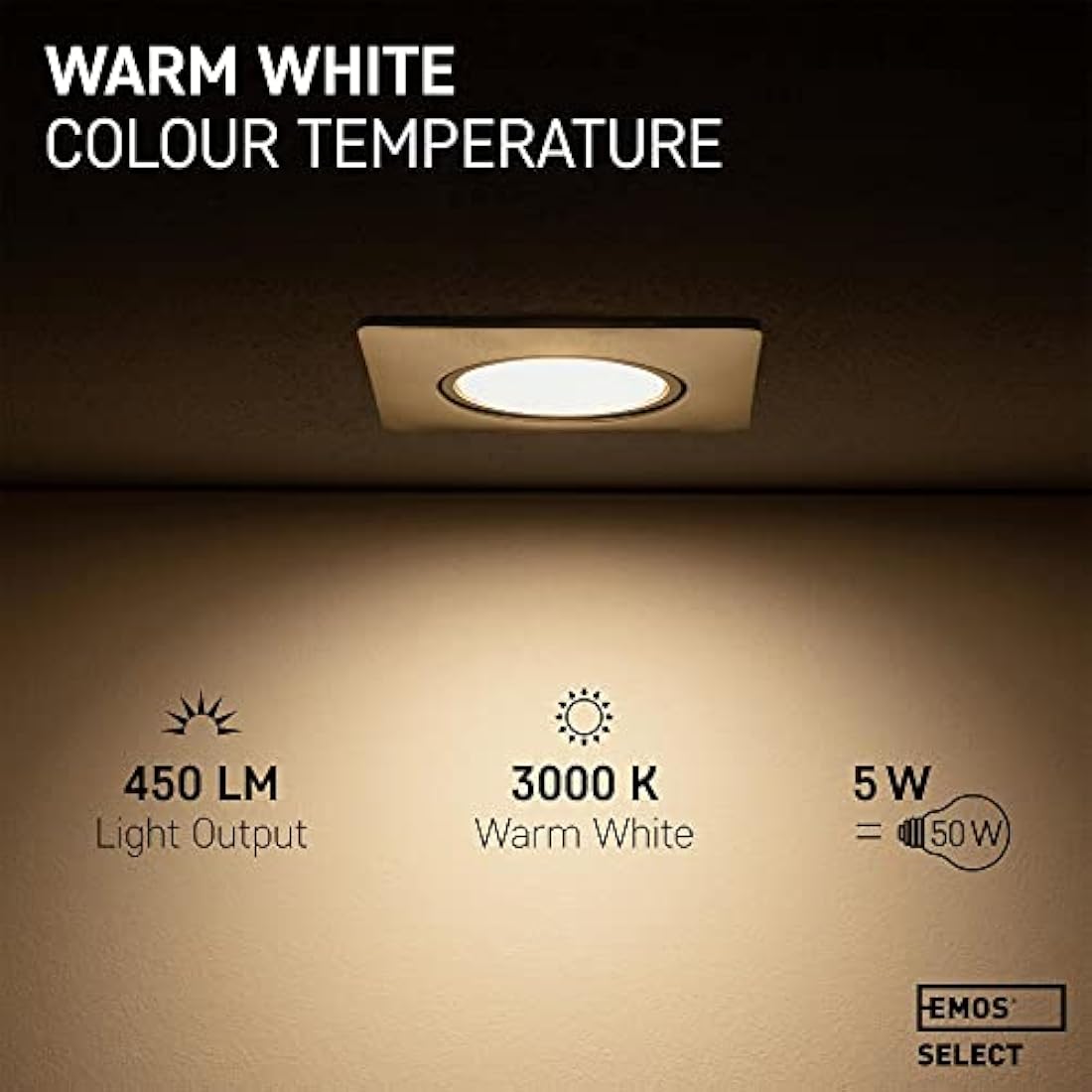 EMOS Square LED Spot Lights Ceiling 5W / 450lm / 3000k Warm White | downlights for Ceiling, Mains Powered, Ultra Slim, Adjustable Tilt | Pack of 12 recessed LED spotlights Ceiling Lights Silver