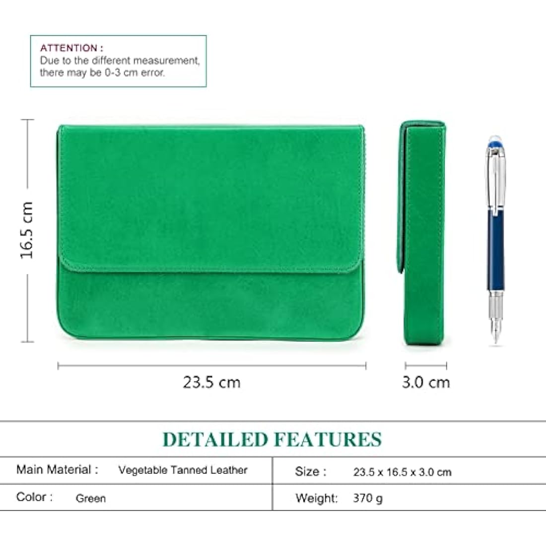 Hiram Leather Pen Case for 12 Pens Vegetable Tanned Leather Fountain Pen Storage Box with Hidden Magnetic Snap Closure and Pen Tray Design (Green)