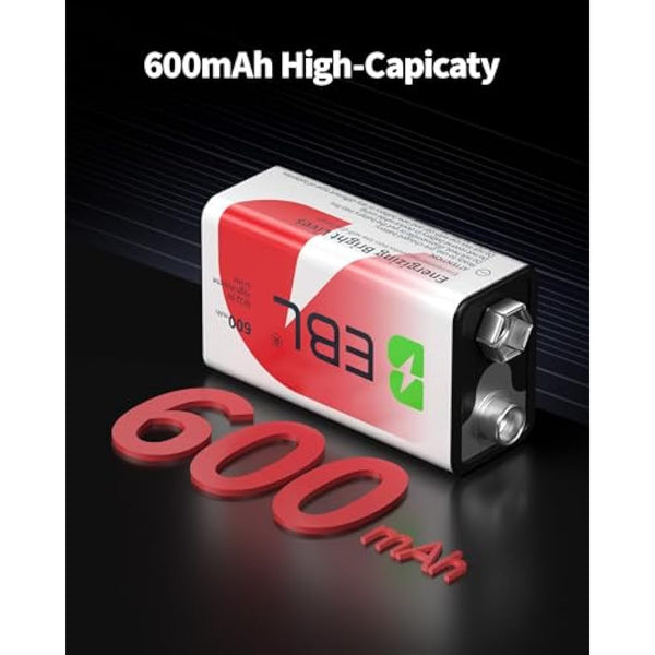 EBL 9 Volt 600mAh Rechargeable Batteries Li-ion Batteries with Smart LCD 9V Battery Charger for 9V Lithium-ion/Ni-MH/Ni-CD Rechargeable Batteries