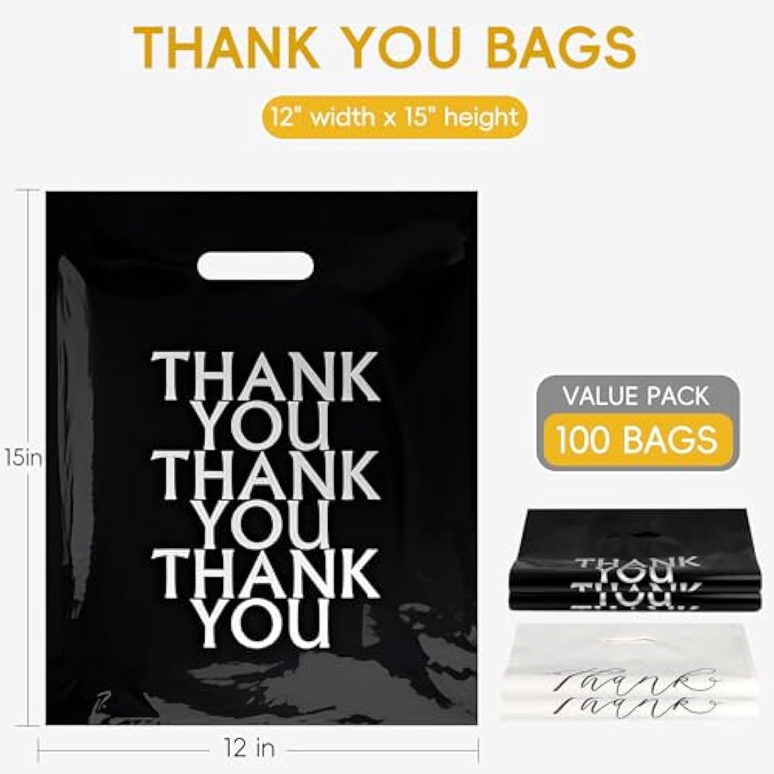 100 Pack Thank You Carrier Bags - 30x38cm Merchandise Retail Plastic Carrier Bags with Handles for Shopping, Gifts, Boutique, Stores, Business, Market Stall, Trade Shows, Wholesale (Black+ White）