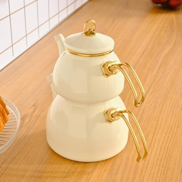 Karaca Retro Enamel Teapot Set, Titanium, Tea Infuser 1.1 L - 2.4 lb, Water Pot 2.3 L - 5.1 lb, Cream, Suitable for Induction, Kettle, Turkish Tea Kettle