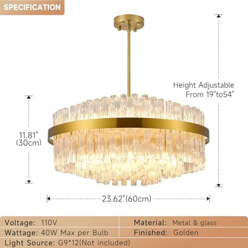 KUNYEEE Gold Crystal Chandeliers Flush Mount Crystal Ceiling Light Fixture Round Chandeliers Pendant Light for Living Room Kitchen Island Dining Table Hallway, G9 x 12 Lights 60cm