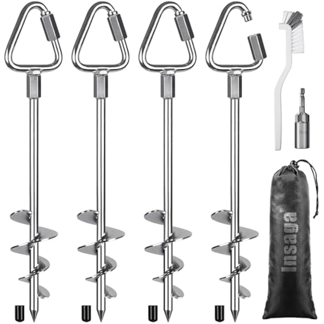 Insaga Ground Anchor, 4pcs Heavy Duty Tent Peg Trampoline Earth Stake Strong Storm Spiral Screw Spike for Garden Swing/Camping/Canopy/Shed/Dog/Carport with Carabiner Lockset, Orthogonal Triangle/44cm