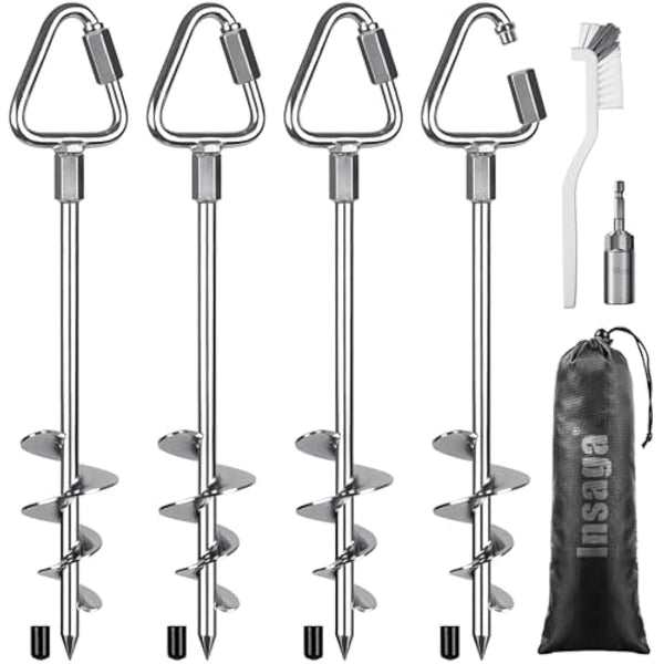 Insaga Ground Anchor, 4pcs Heavy Duty Tent Peg Trampoline Earth Stake Strong Storm Spiral Screw Spike for Garden Swing/Camping/Canopy/Shed/Dog/Carport with Carabiner Lockset, Orthogonal Triangle/44cm