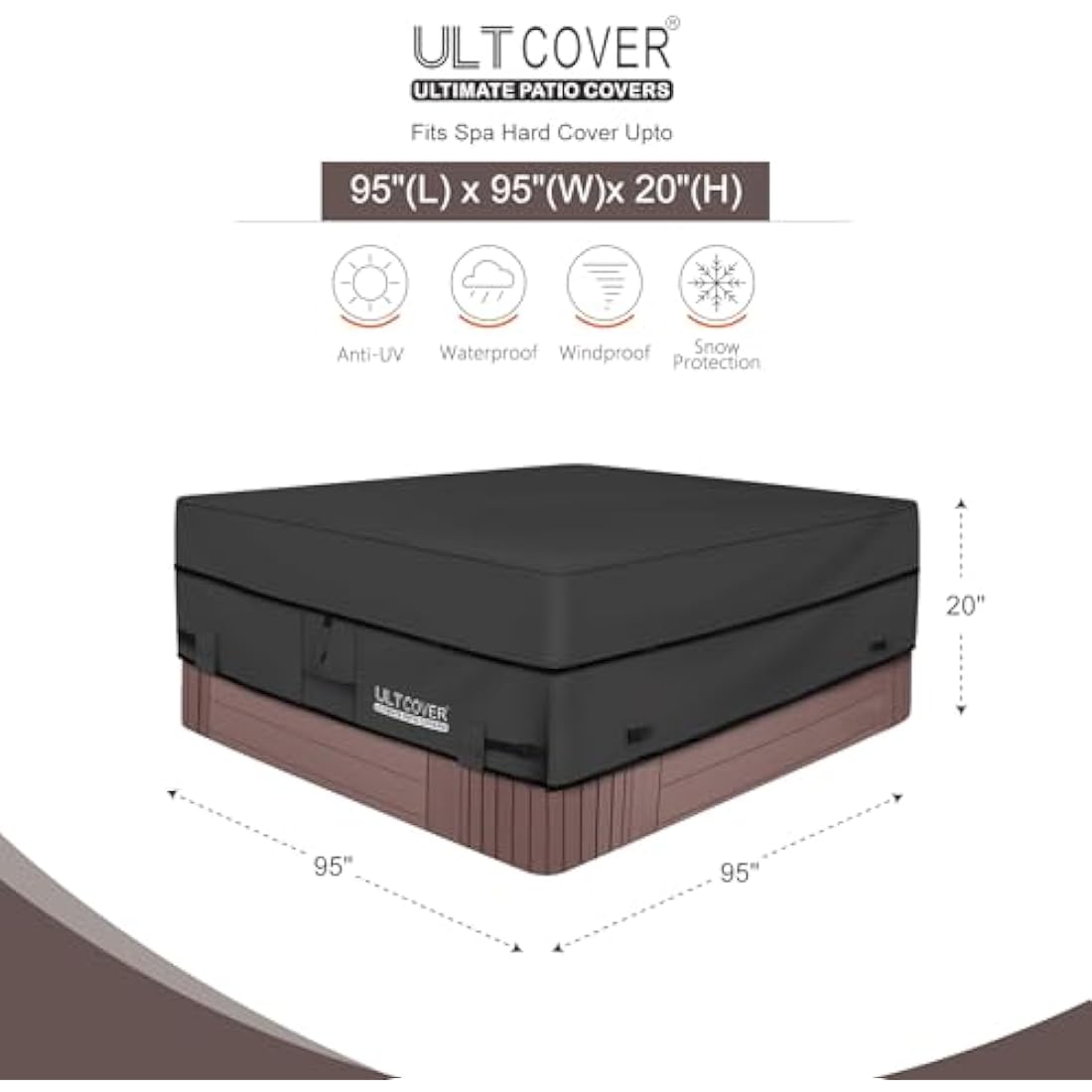 ULTCOVER Waterproof 600D Polyester Square Hot Tub Cover Outdoor SPA Covers 95 x 95 inch, Black