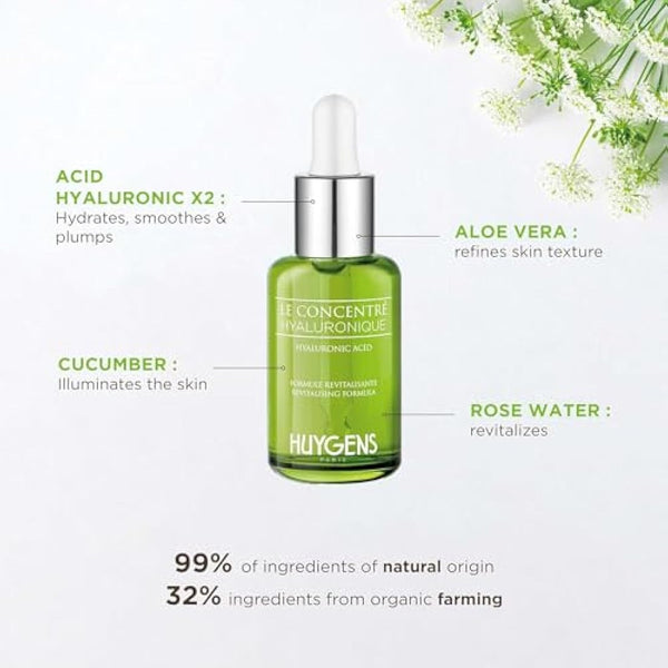 HUYGENS - Hyaluronic Acid Concentrate - Certified Organic - 30mL -Revitalizes, Hydrates - 99% Natural - Vegan - Made in France