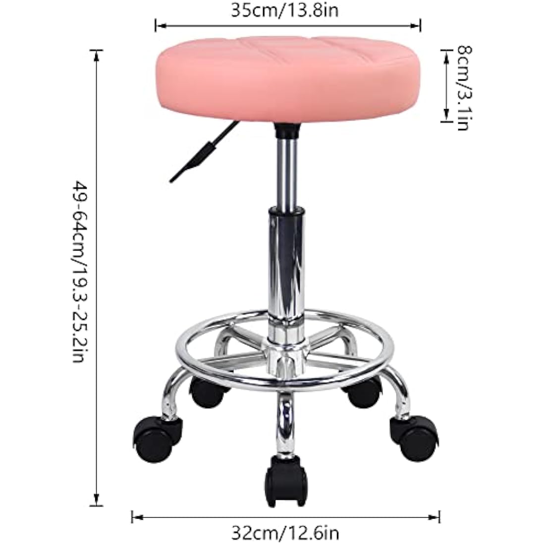 KKTONER Round Rolling Stool Chair PU Leather Height Adjustable Swivel Drafting Work SPA Shop Salon Stools with Wheels Office Chair Small (Pink)