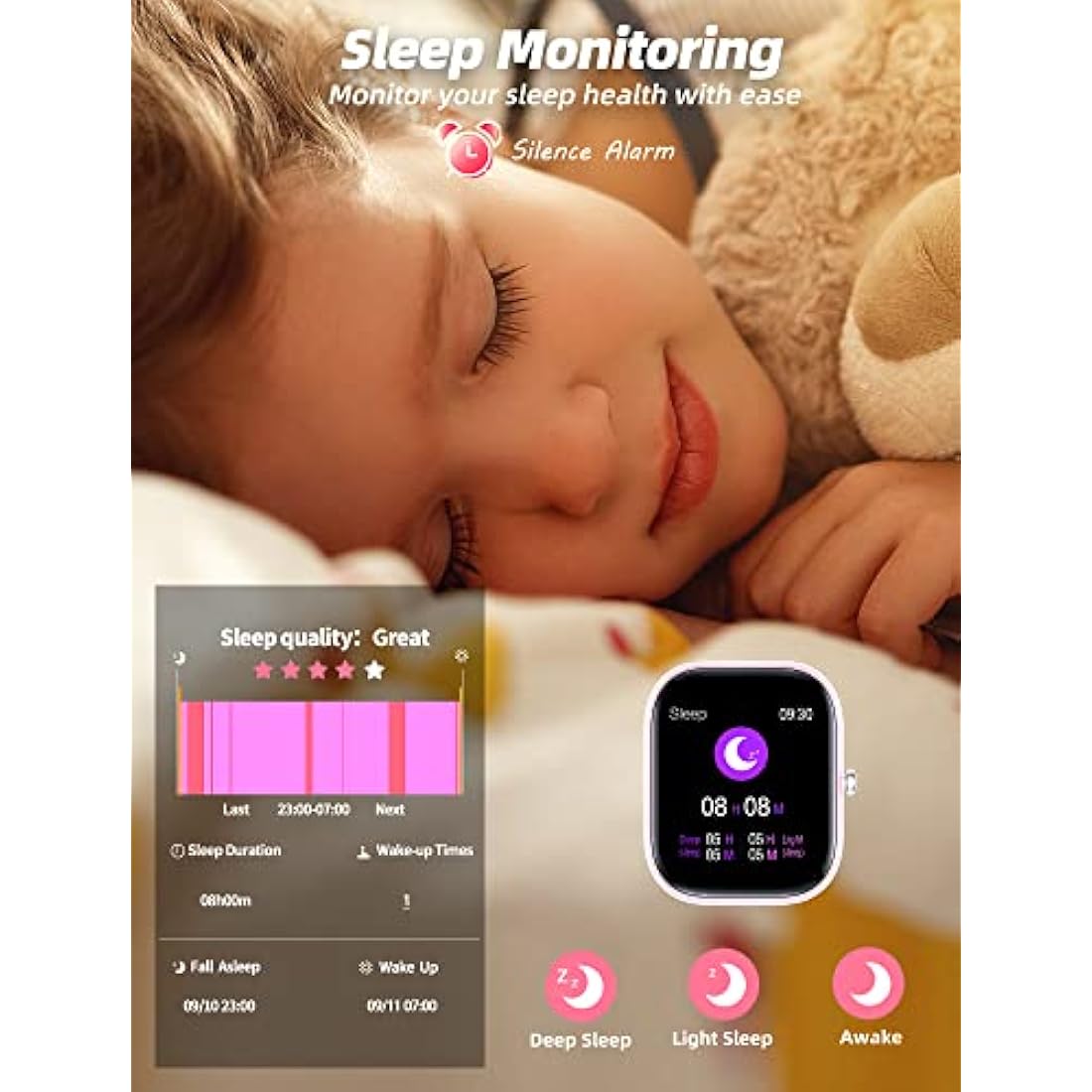 Slothcloud Kids Smart Watch for Boys Girls,IP68 Waterproof Fitness Activity Tracker Watch,Heart Rate Sleep Monitor,8 Sport Modes,Pedometers,Calories Counter,Alarm Clock,Kids Gifts Teens 5+ (Pink)