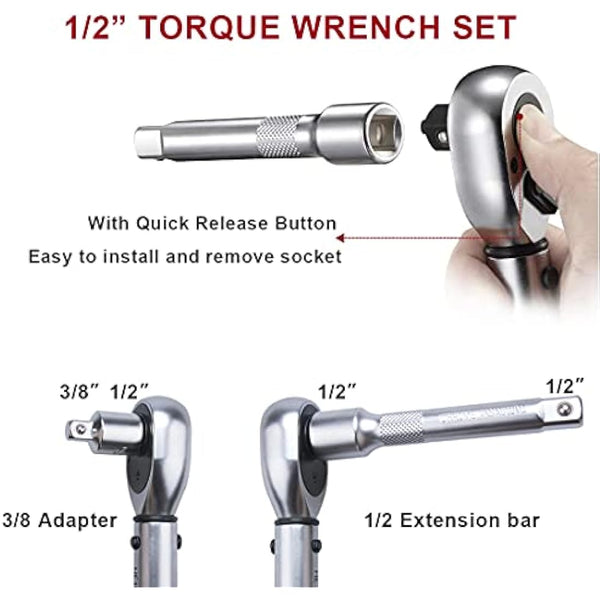 FOURROBBER Torque Wrench Set 1/2-inch Drive Click Bicycle Torque Wrench Dual-Direction Adjustable 90-Tooth Torque Wrench with Buckle 20-220Nm,Accuracy ± 3% Visit The Store