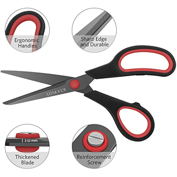 KUONIIY Scissors Ultra Sharp Blades Soft Comfort-Grip Handles Multi-Purpose Scissors Set of 5, BlackRed