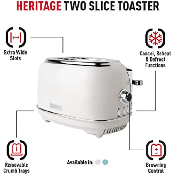 Haden Heritage White Toaster 2 Slice - Variable Browning Control - Electric Stainless Steel Toaster - Economy Mode - Reheat, Cancel and Defrost Functions - 1370-1630W