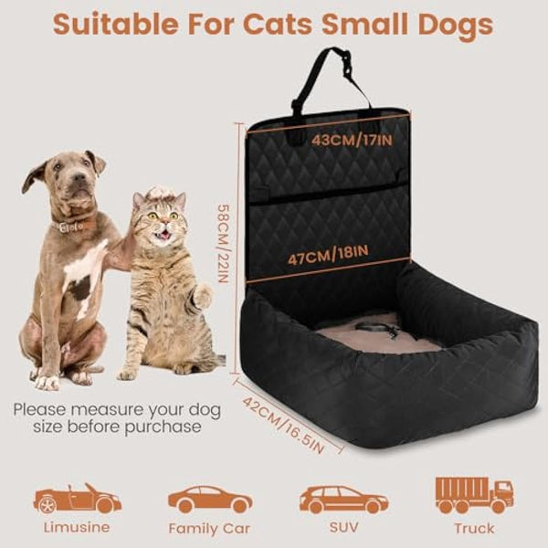 HAPPY HACHI Dog Bed Car Seat - Detachable Washable Dog booster Seat with Storage Pockets Safety Belts ，Waterproof Puppy Travel Carrier for Car (Black)