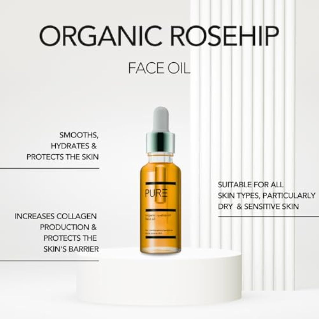 Organic Cold-Pressed Rosehip Face & Body Oil by PURE Spa Skincare - 30ml - 100% Pure, Natural & Vegan - Anti-Ageing, Smoothing, Nourishing, Rejuvenating - For All Skin Types and Fine Lines & Scars