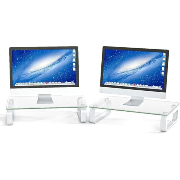 Hemudu 2 Pack Computer Monitor Stand Riser Multi Media Desktop Stand for Flat Screen LCD LED TV, Laptop/Notebook/Xbox One, with Tempered Glass and Metal Legs,HD02T-201P