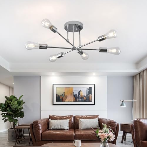 Hudi Fyier Modern Chandelier Light Fixtures, 6 Lights Modern Semi Flush Mount Ceiling Light, Pendant Lighting for Living Room Bedroom Dining Room Kitchen Office