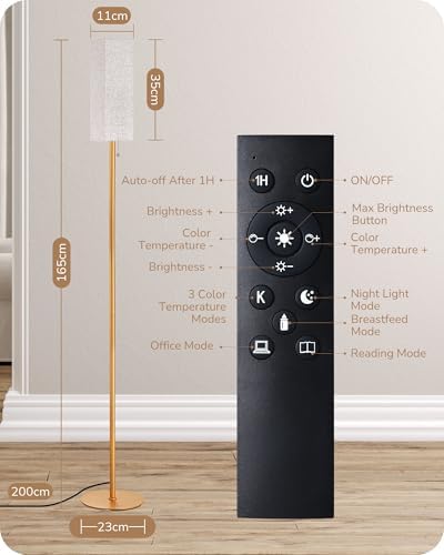 EDISHINE Floor Lamp, Standing Lamp with Square Linen Lampshade, Floor Lamps for Living Room, Bedroom, 165cm, E27 Socket(9W LED Dimmable Bulb Included), Magnetic Remote Control, Gold