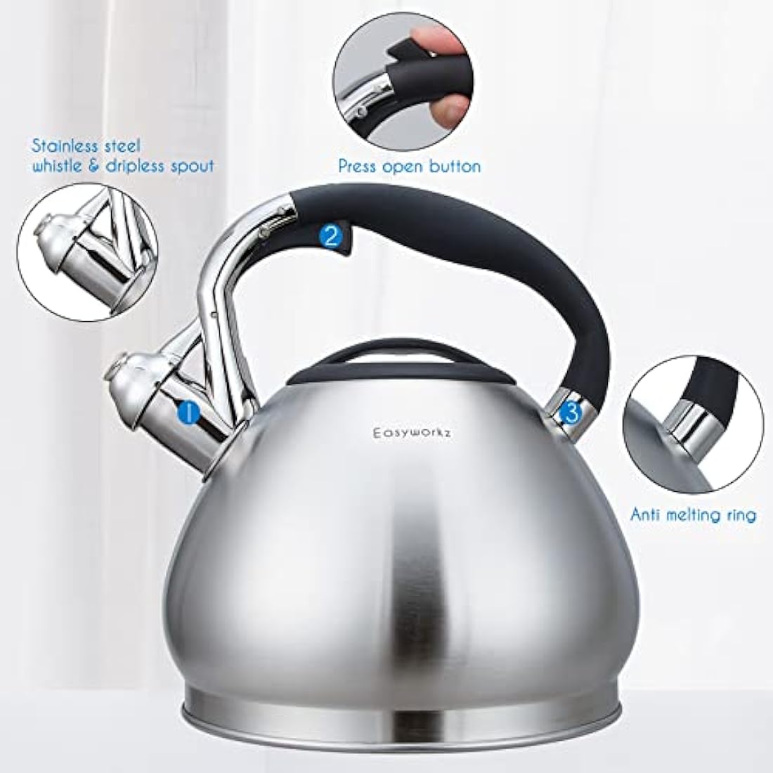 Easyworkz Whistling Stovetop 2.3l Tea Kettle Food Grade Stainless Steel Hot Water Tea Pot with Loud Whistle