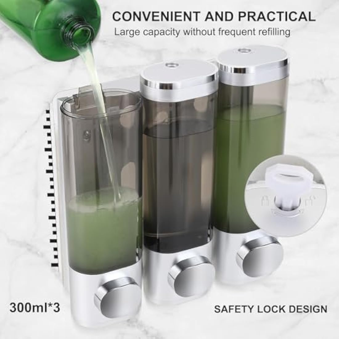 Soap Dispenser Wall Mounting, Shampoo Shower Gel Dispenser, Set of 3 Soap Dispensers, No Drilling, Even Liquid Release, Leak-Proof, Suitable for Shampoo, Shower Gel, Liquid Soap, Conditioner (Silver)