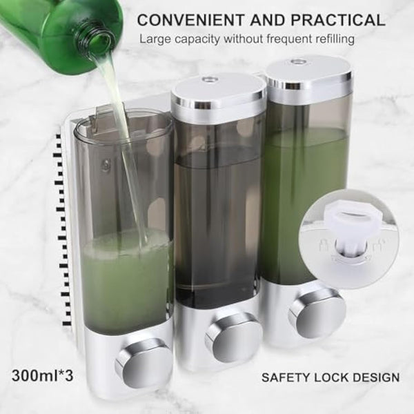 Soap Dispenser Wall Mounting, Shampoo Shower Gel Dispenser, Set of 3 Soap Dispensers, No Drilling, Even Liquid Release, Leak-Proof, Suitable for Shampoo, Shower Gel, Liquid Soap, Conditioner (Silver)