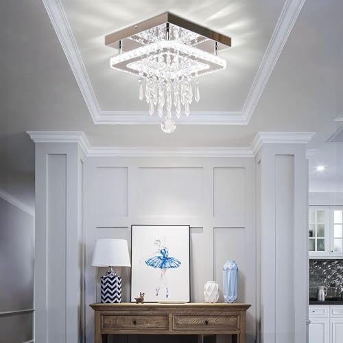 K9 Crystal Chandeliers Ceiling Light, Stainless Steel Square LED Ceiling Lights Light Fixture, Modern Flush Mount Ceilings Light for Hallway, Bedroom, Foyer, Kitchen,Living Room (Cool White)