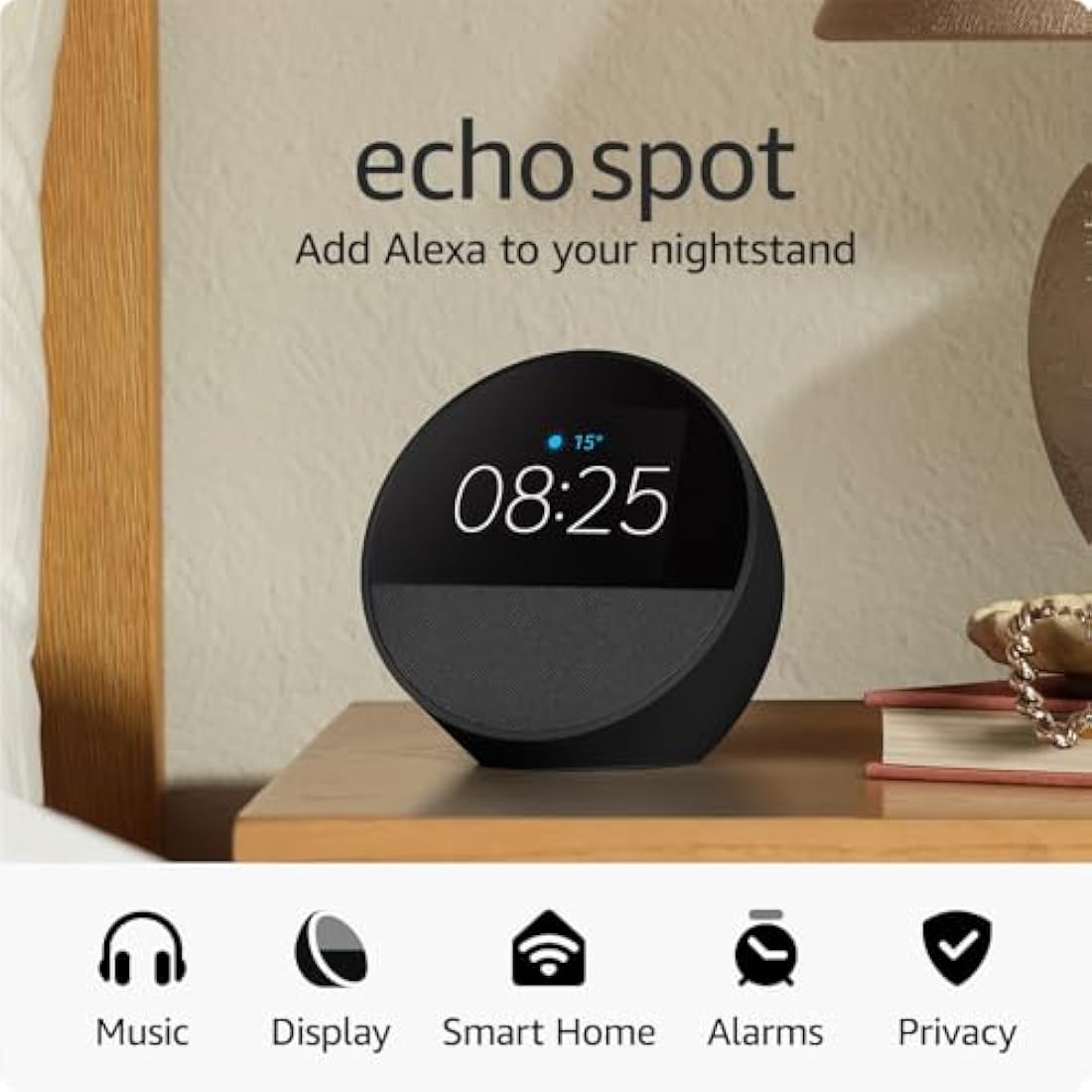 Echo Spot (2024 release), Smart alarm clock with vibrant sound + Alexa, Black