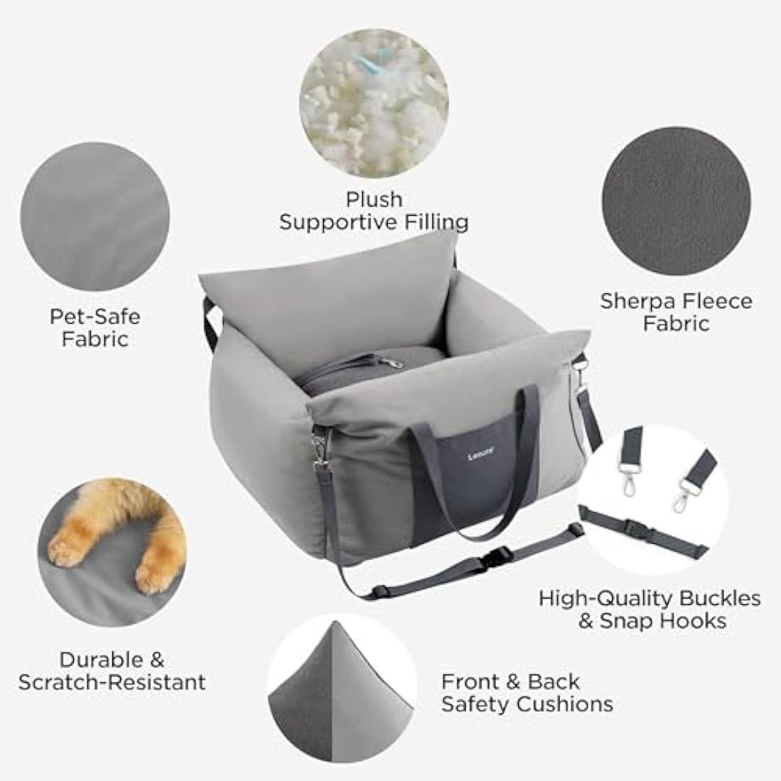 Lesure Dog Car Seat for Medium Dog - Waterproof Dog Booster Seat for Car with Storage Pockets, Clip-On Safety Leash and Chopped Foam Filling, Small Pets Travel Carrier Bed, 58x56x33cm, Grey