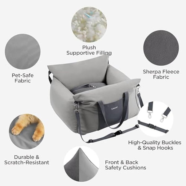 Lesure Dog Car Seat for Medium Dog - Waterproof Dog Booster Seat for Car with Storage Pockets, Clip-On Safety Leash and Chopped Foam Filling, Small Pets Travel Carrier Bed, 58x56x33cm, Grey
