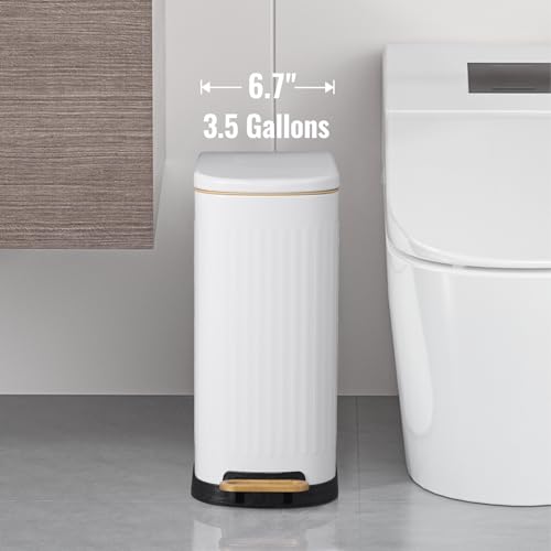 ELPHECO Slim Bathroom Trash Can Foot-Operated Stainless Steel Garbage Can with Soft Close Lid Step Trash Bin with Removable Inner Bucket for Bedroom, Office, Kitchen (White, 3.5 Gallons)