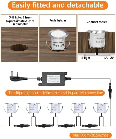 HIBOITEC 16Pcs Decking Lights, Lighting LED Deck Lights φ32mm, Warm White Decking Lighting, Waterproof Plinth Deck Light, for Outdoor, Garden, Floor Tile, Staircase, Wall Corner, Bathroom