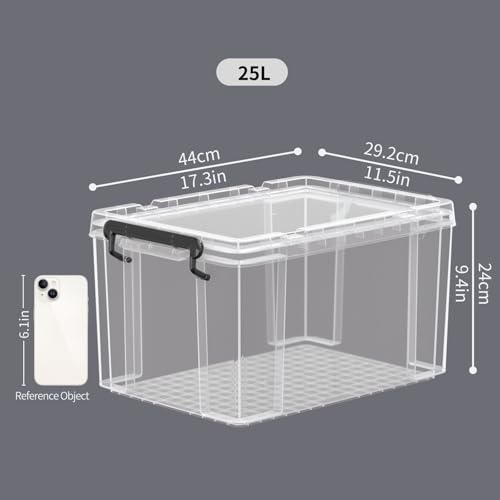 Cetomo 25L*3 Storage Boxes, Stackable Storage Box with Lids, Heavy-Duty Lidded Container with Reinforced Corners, Vertical Sides and Clip Closure,