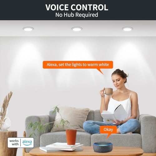 DUSKTEC Smart Recessed Downlights 10W 1000LM, Work with Alexa, APP & Voice Control, 2700K-6000K Warm Neutral Cold White CCT Adjustable Spot Light, Dimmable LED Recessed Ceiling Spotlights, 6 Pack