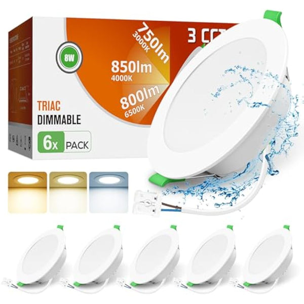 ALUSSO LED Downlights Ceiling Dimmable 8W 850LM IP44 Recessed Ceiling Lights, 3CCT 3000K Warm 4000K Neutral 6500K Cool Adjustable Bathroom Spotlights, White, 6 Pack