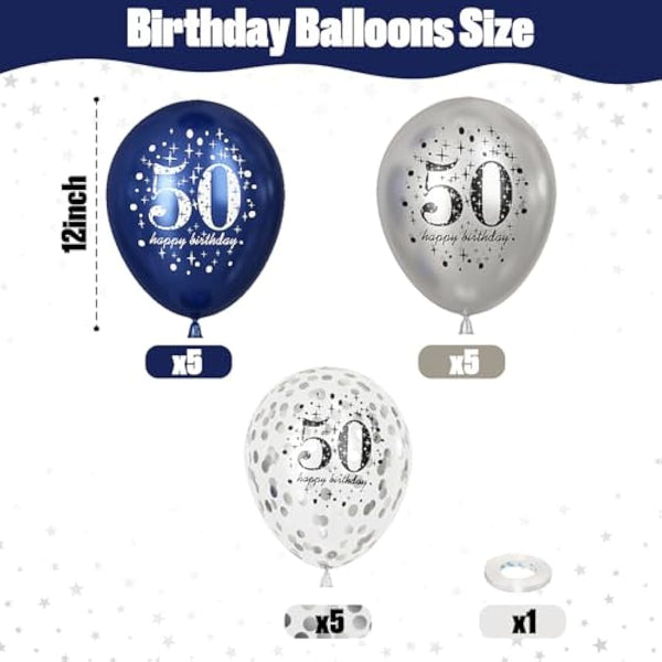 Happy 50th Birthday Balloons Navy Blue Silver, 15 Pieces 50th Birthday Decorations for Men, Blue Silver 50th Party Balloons for Him Age 50 Years Old 50th Birthday Party Decor Celebration Supplies