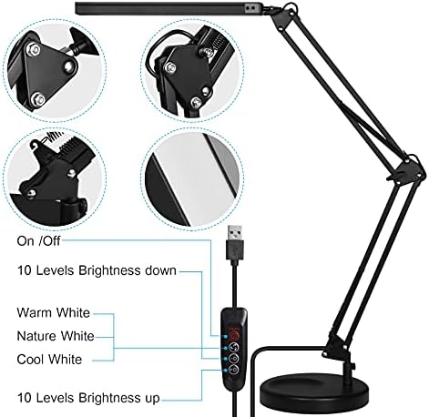 SKYLEO LED Desk Lamp with Clip and Base - Eye Protection Desk Lamps for Study - Swing Arm USB Desk Lamp Office - 3 Light Modes x 10 Brightness Levels - 12W - Black