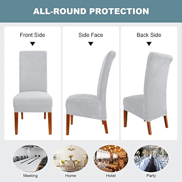 CMAKER Velvet Dining Chair Covers, Stretch Large Chair Slipcovers, Spandex High Back Chairs Cover Elastic Washable Removable XL Chair Protector,Set of ４,Light Gray