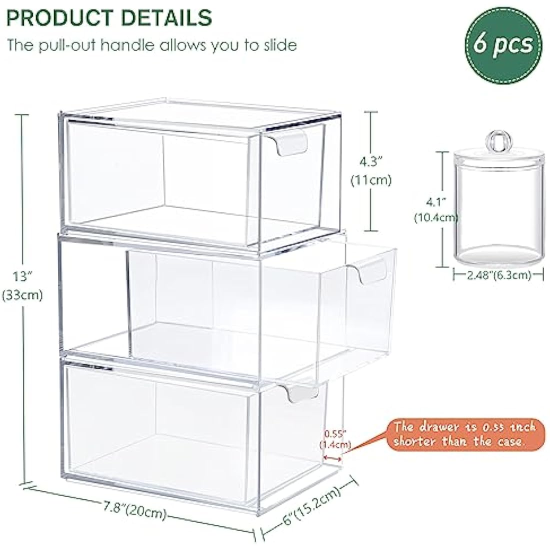 Greentainer Makeup Organizer With Drawers - Stackable Clear Plastic Organizer Drawers,4.5 Inches Tall Organize Cosmetics and Beauty Supplies on a Vanity (Clear 3 Pack with 3 Qtips Holder)