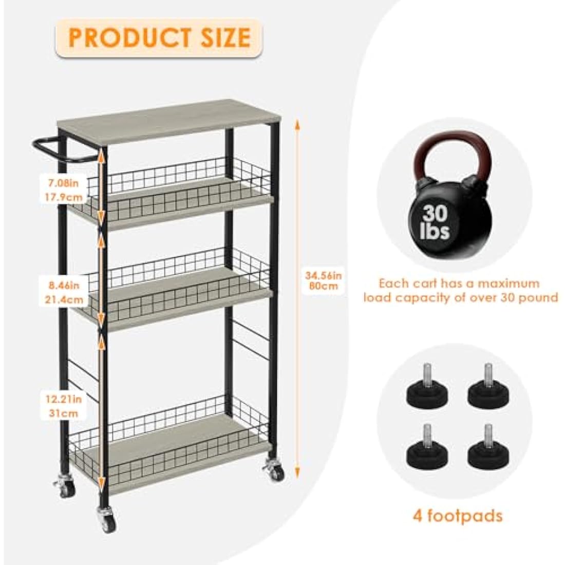 4 Tier Kitchen Storage Cart Slim Rolling Cart on Wheels Mobile Vegetable Rack with Wooden Tabletop Slide Out Utility with Handle for Living Room Laundry Pantry (Grey)