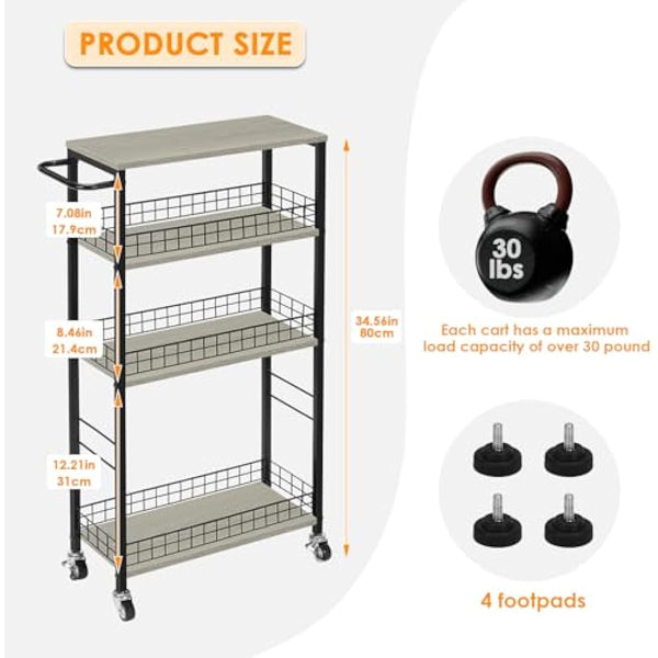4 Tier Kitchen Storage Cart Slim Rolling Cart on Wheels Mobile Vegetable Rack with Wooden Tabletop Slide Out Utility with Handle for Living Room Laundry Pantry (Grey)
