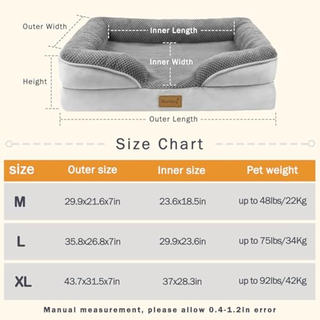 Nepfaivy Dog Bed Extra Large - Waterproof Orthopedic Dog Bed with Pillow Cushions, 111×80cm Soft Extra Large Sofa Bed with Removable and Washable Covers, Dark Grey