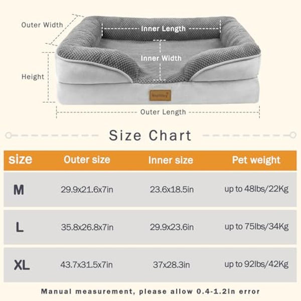 Nepfaivy Dog Bed Large Waterproof - Orthopedic Dog Bed with Pillow Cushions, 91×68cm Soft Large Crate Sofa Mattress with Removable and Washable Covers, Dark Grey