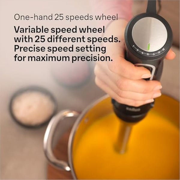 Braun MultiQuick 5 Pro MQ 55236 M, Hand Blender with PowerBell Plus Technology, 25 Speed Wheel+Turbo, Easy Click System Plus for Accessories, 600ml Chopper, Metal Whisk and 600ml Beaker, 1000W, Black