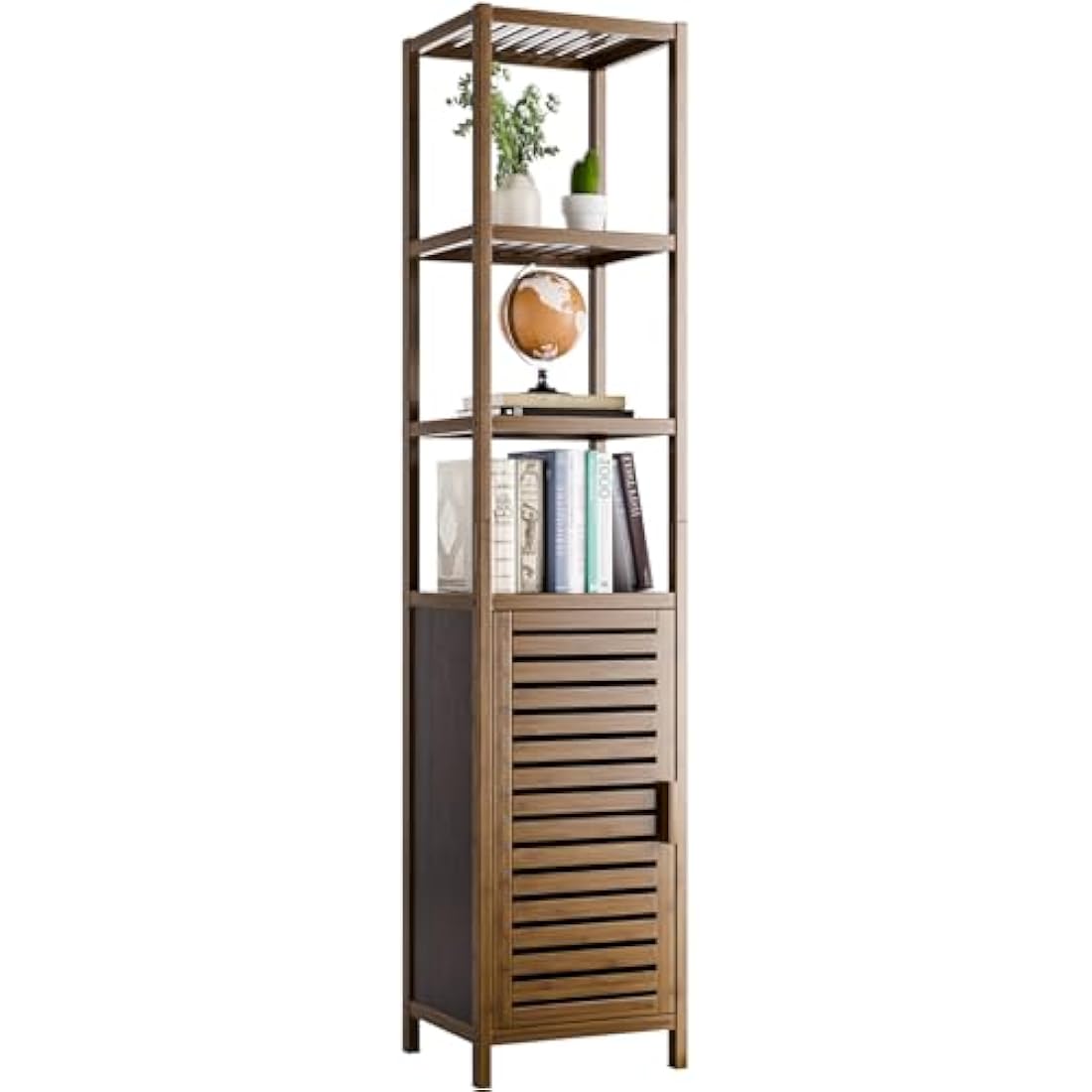 HITNET Bathroom Storage Cabinet Bamboo, Tall Narrow Space Saver Organizer Floor Standing for Kitchen, 4 Open Shelves and 1 Cupboard with Door, Walnut