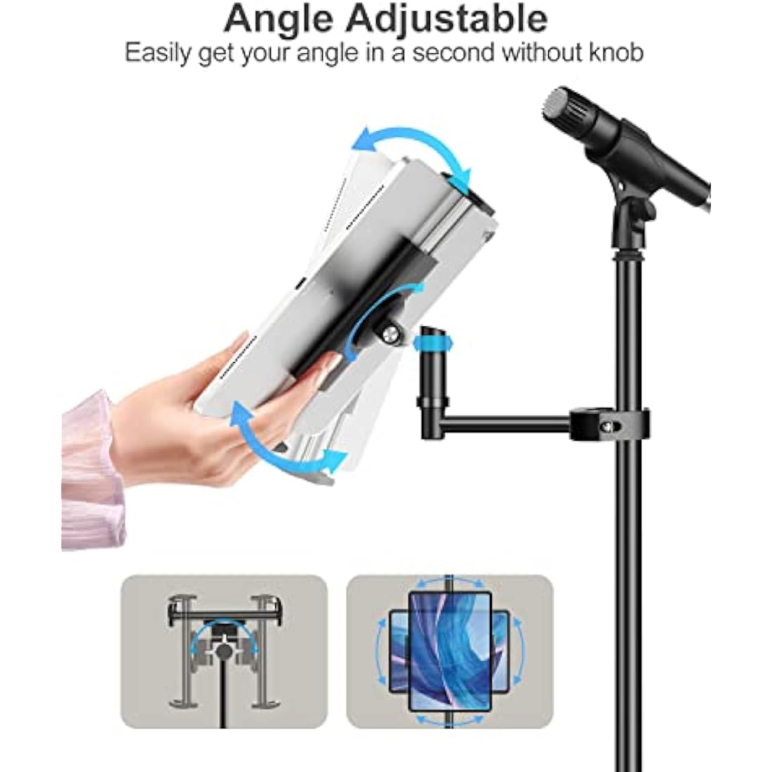 elitehood Metal iPad Holder for Mic Stand, Side Mount Tablet Microphone Stand Holder for Musicians, 360° Swivel Tilt Adjustable Microphone Tablet Mount for iPad, iPhone, More 4-13in Devices - Black
