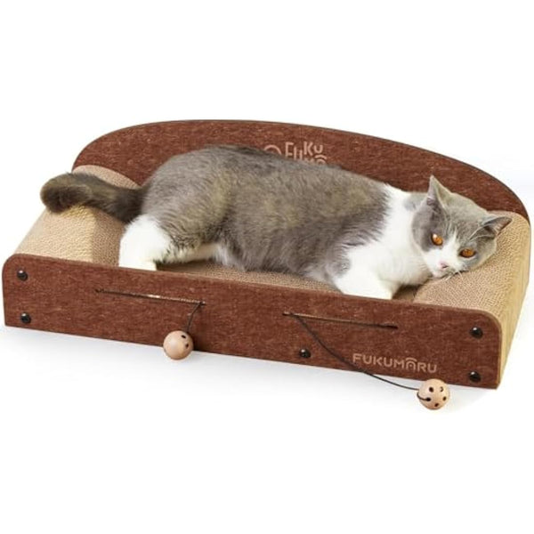 FUKUMARU Cat Scratcher Lounge - 66cm Long Durable Cardboard Lounger with 2 Reversible Pads, Recyclable, Bell Ball Toy